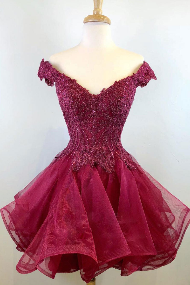 Burgundy tulle lace short prom dress, burgundy tulle homecoming dress