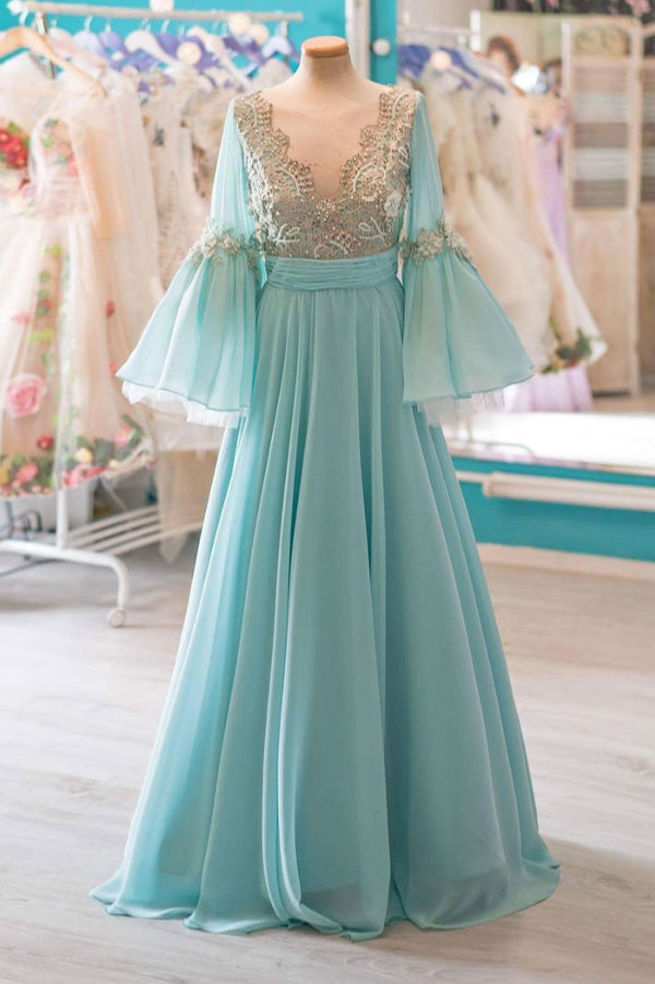 Unique v neck chiffon lace long prom dress, evening dress
