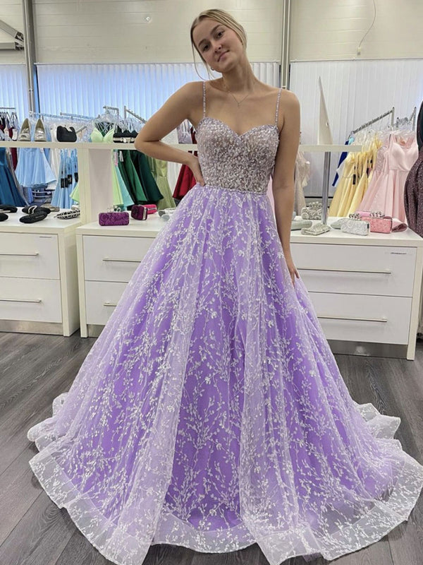 Purple sweetheart neck tulle sequin long prom dress, purple evening dress