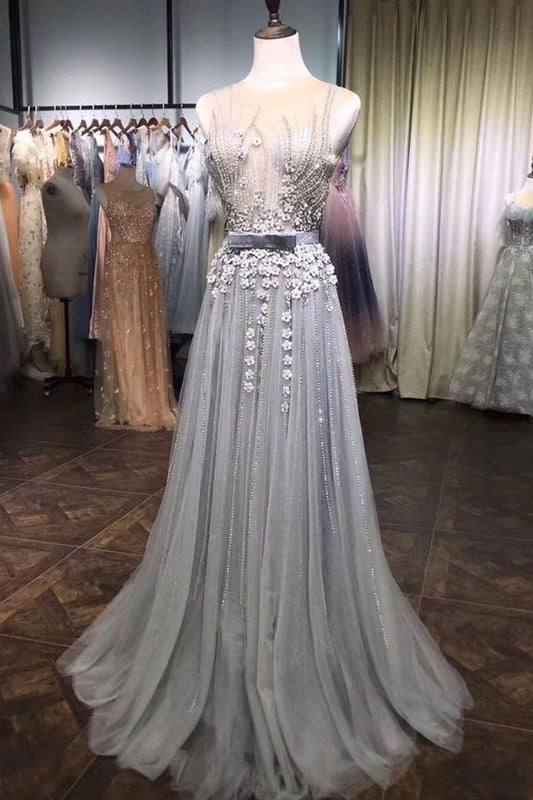 Gray tulle lace beads long prom dress, gray tulle evening dress