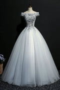 Gray tulle lace off shoulder long prom dress gray evening dress