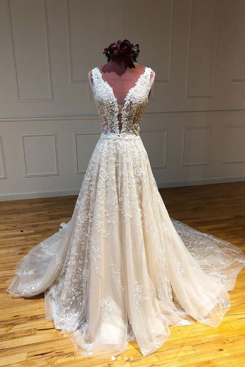 Champagne v neck tulle lace long prom dress lace evening dress