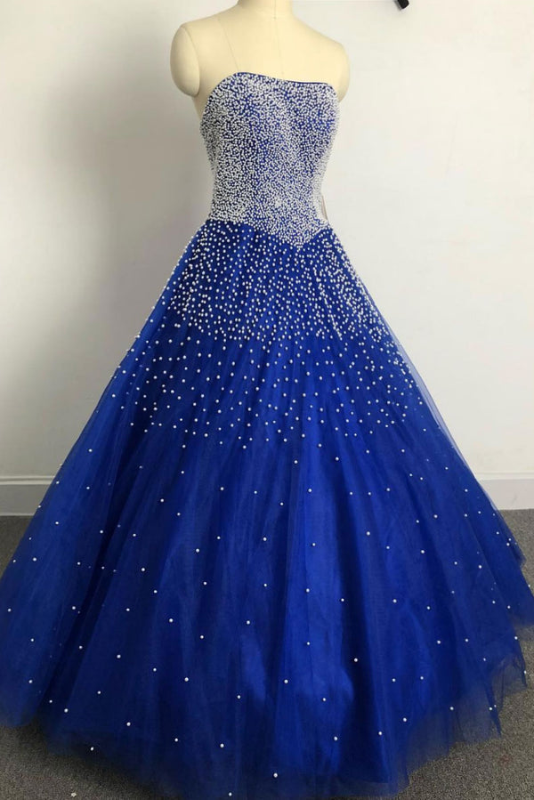 Blue sweetheart tulle beads long prom dress, blue tulle evening dress