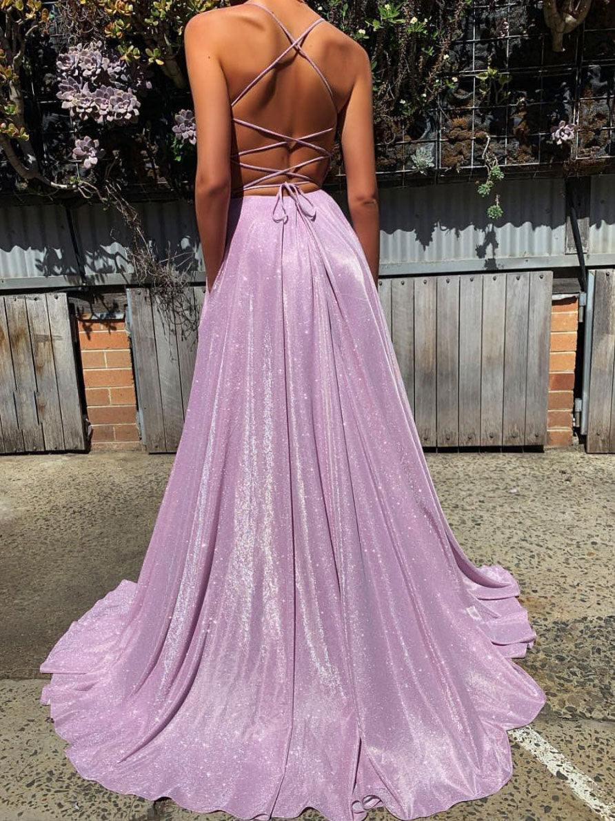 Simple v neck satin long prom dress purple long evening dress