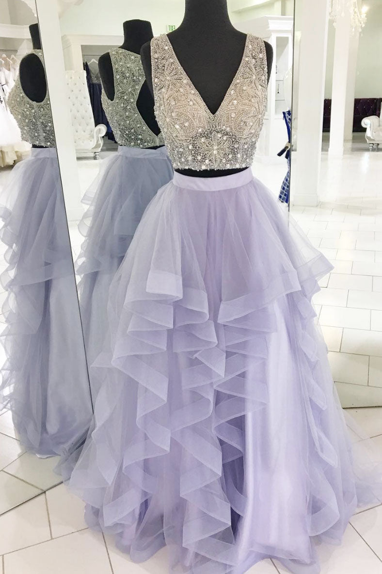 Purple two pieces beads long prom dress, purple evening dress