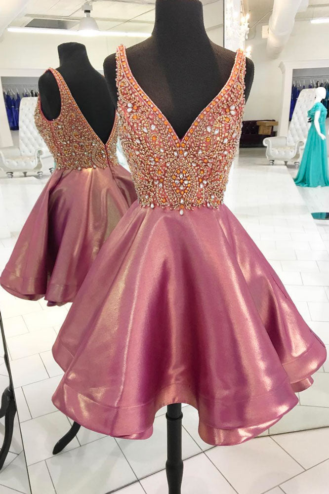 Pink v neck beads short prom dress, pink homecoming dress