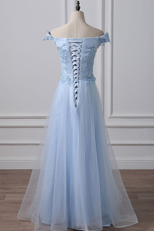 Blue tulle lace off shoulder long prom dress, blue evening dress
