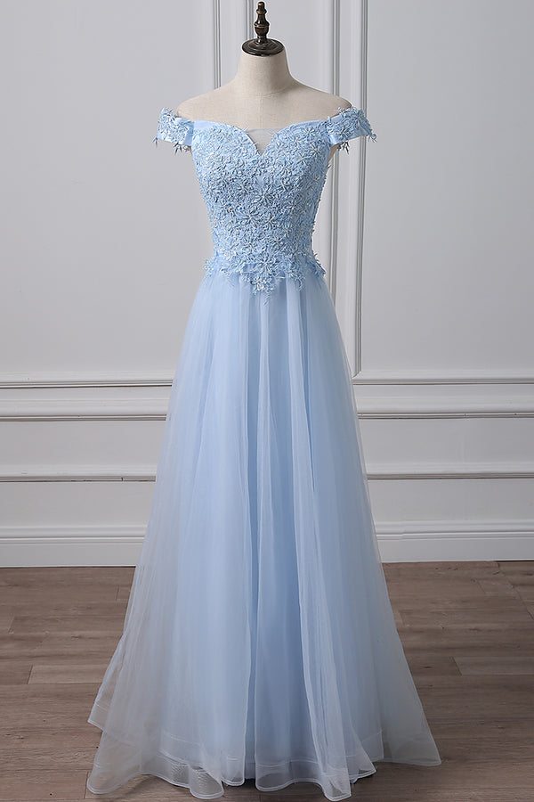 Blue tulle lace off shoulder long prom dress, blue evening dress