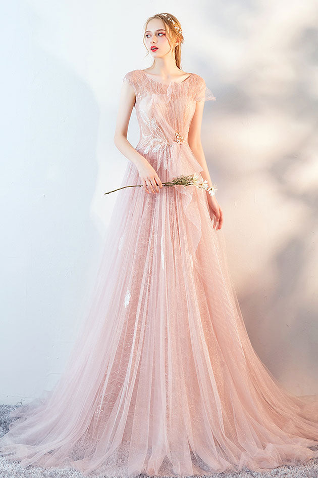 Pink tulle lace long prom dress, pink evening dress