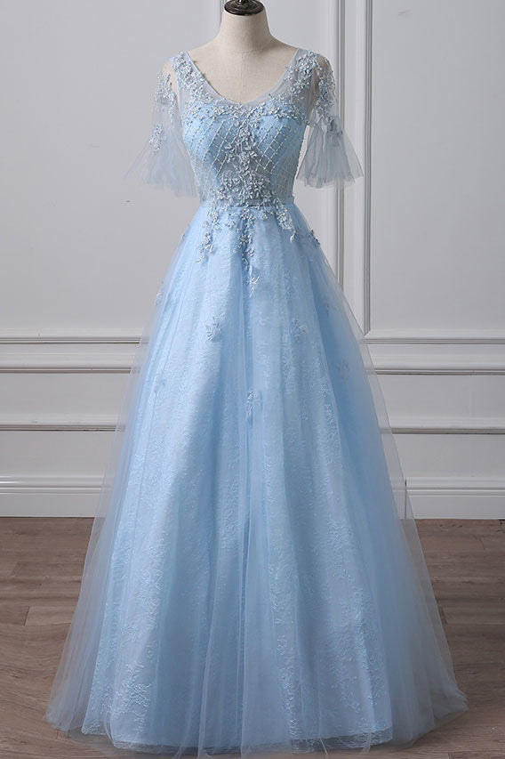 Blue tulle lace long prom dress, blue tulle formal dress