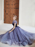 Simple purple tulle long prom dress, purple tulle evening dress