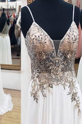 White sweetheart chiffon lace long prom dress, white evening dress
