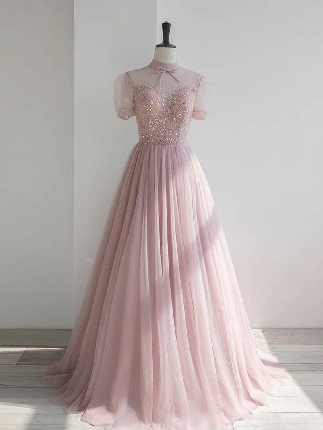 Pink round neck tulle sequin long prom dress, pink tulle formal dress