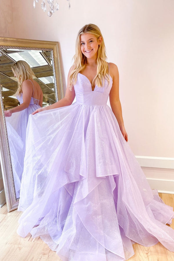 Purple tulle v neck long formal dress purple prom dress