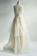 ivory round neck lace chiffon long prom dress, lace wedding dress
