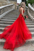 Red v neck tulle lace long prom dress red lace long evening dress