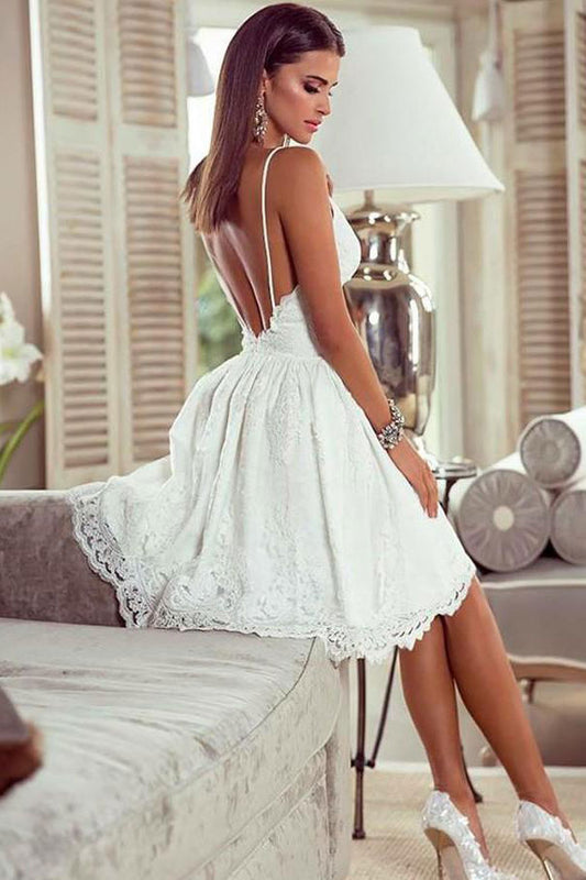 White v neck tulle lace short prom dress lace homecoming dress