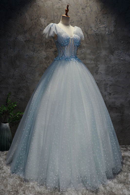 Blue tulle long prom dress, blue tulle evening dress