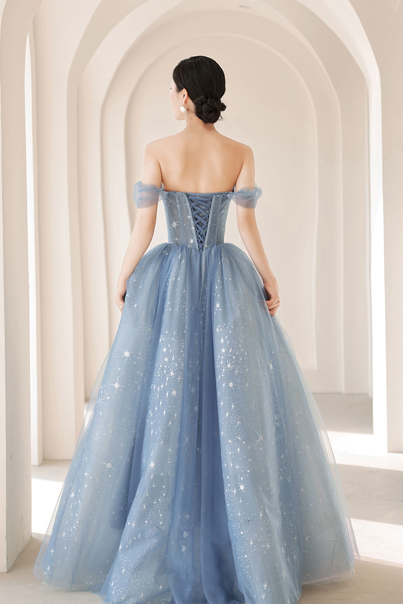 Blue sweetheart neck tulle beads long prom dress blue evening dress