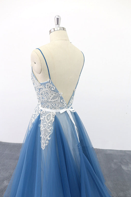 Blue v neck tulle lace long prom dress, blue lace evening dress