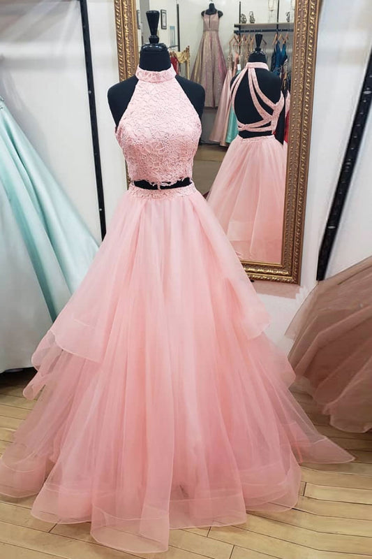 Pink two pieces lace tulle long prom dress, pink tulle evening dress