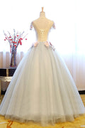 Gray lace applique tulle long prom gown, sweet 16 dress