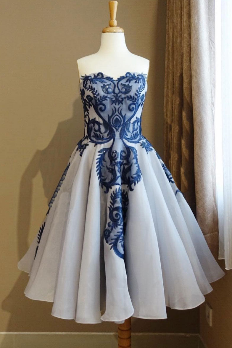 Blue lace tulle short prom dress, blue lace homecoming dress