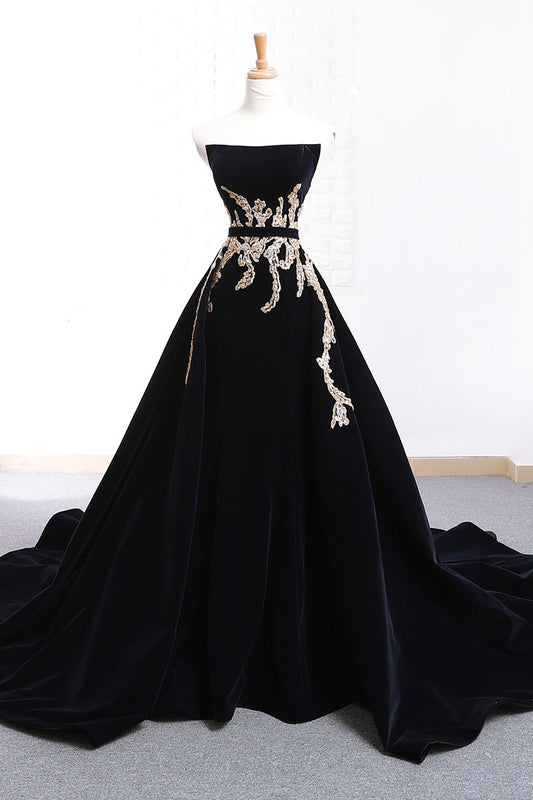 Black lace applique long prom dress, black evening dress