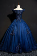 Blue v neck tulle beads long prom dress, blue evening dress