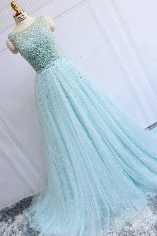Blue round neck tulle lace long prom dress, blue evening dress