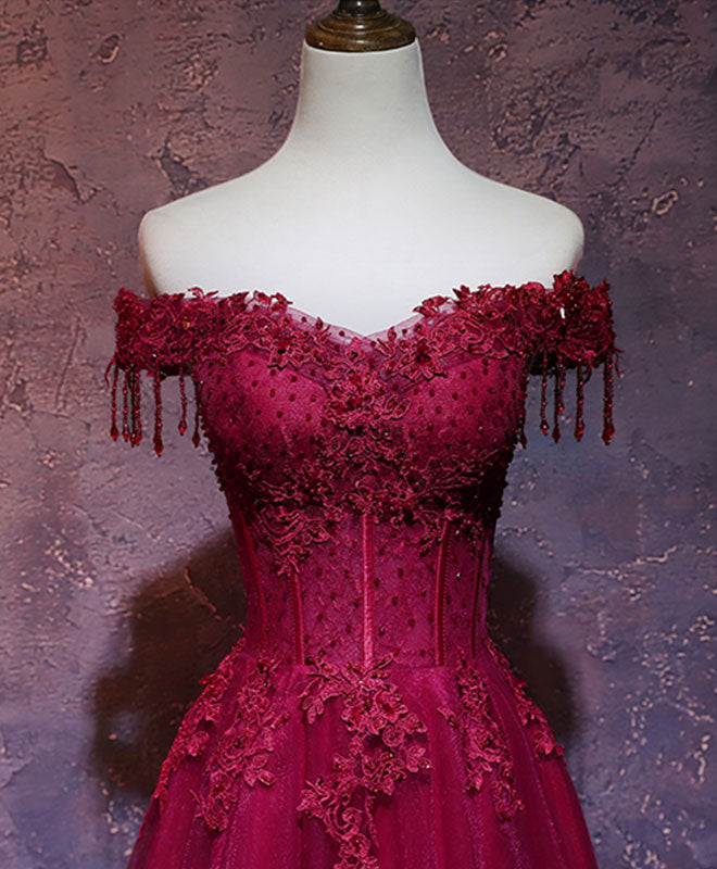 Burgundy off shoulder lace long prom dress burgundy evening dress