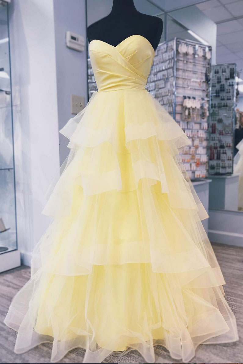 Yellow tulle long prom dress, yellow evening dress