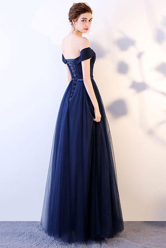 Simple sweetheart tulle dark blue long prom dress, blue bridesmaid dress