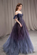 Purple sweetheart neck tulle long prom dress purple formal dress