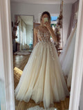 Champagne tulle lace long prom dress, champagne evening dress