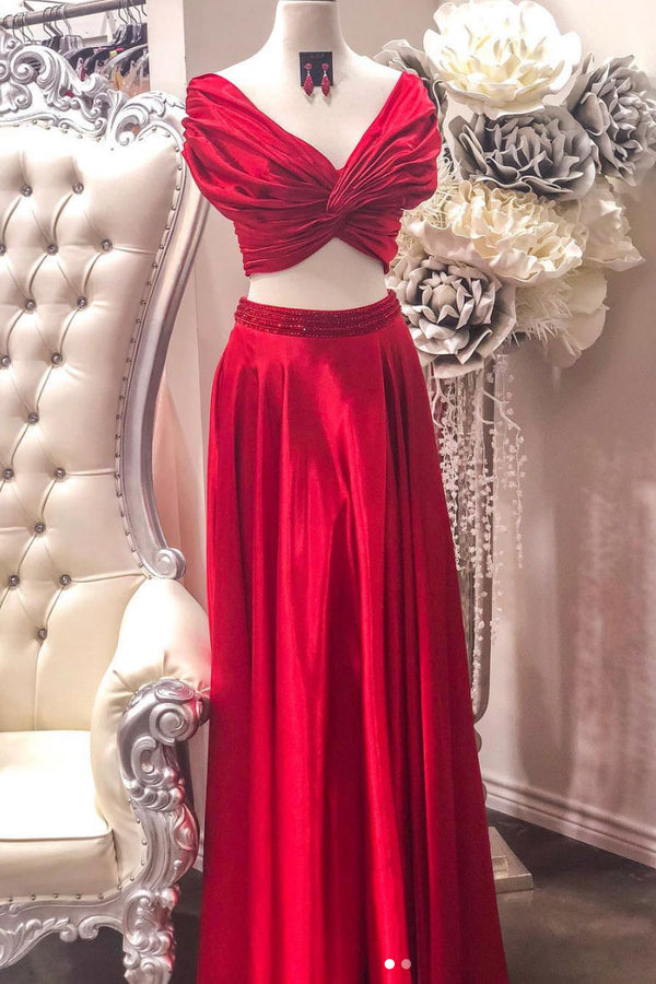 Red two pieces satin long prom dress, red long evening dress