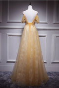 Champagne tulle lace long prom dress, champagne evening dress