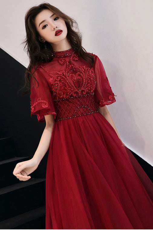 Unique burgundy tulle lace long prom dress burgundy evening dress dresstby Unique burgundy tulle lace long prom dress burgundy evening dress dresstby