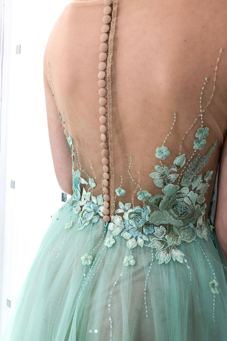 Green round neck tulle lace applique long prom dress, green evening dress