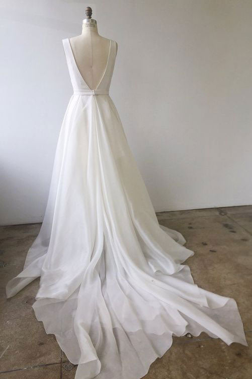 White v neck chiffon long prom dress, white evening dress