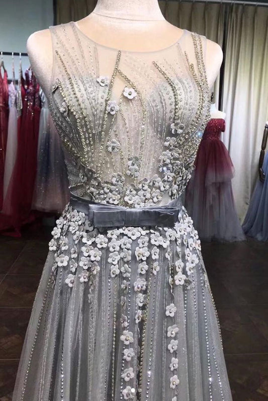 Gray tulle lace beads long prom dress, gray tulle evening dress