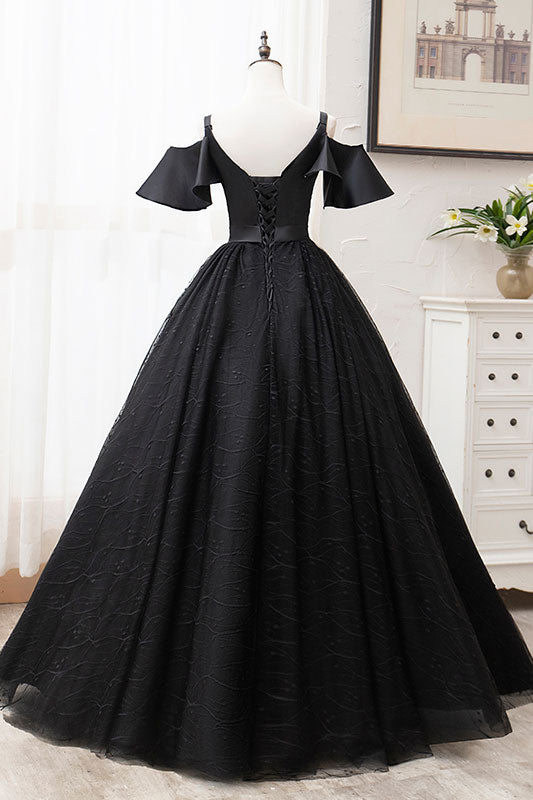 Black tulle lace long prom dress black lace evening dress