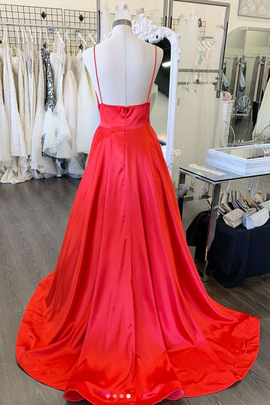 Red v neck satin long prom dress red long formal dress