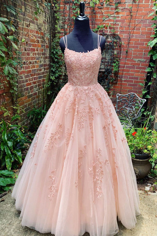 Pink tulle lace long prom dress, pink tulle lace evening dress