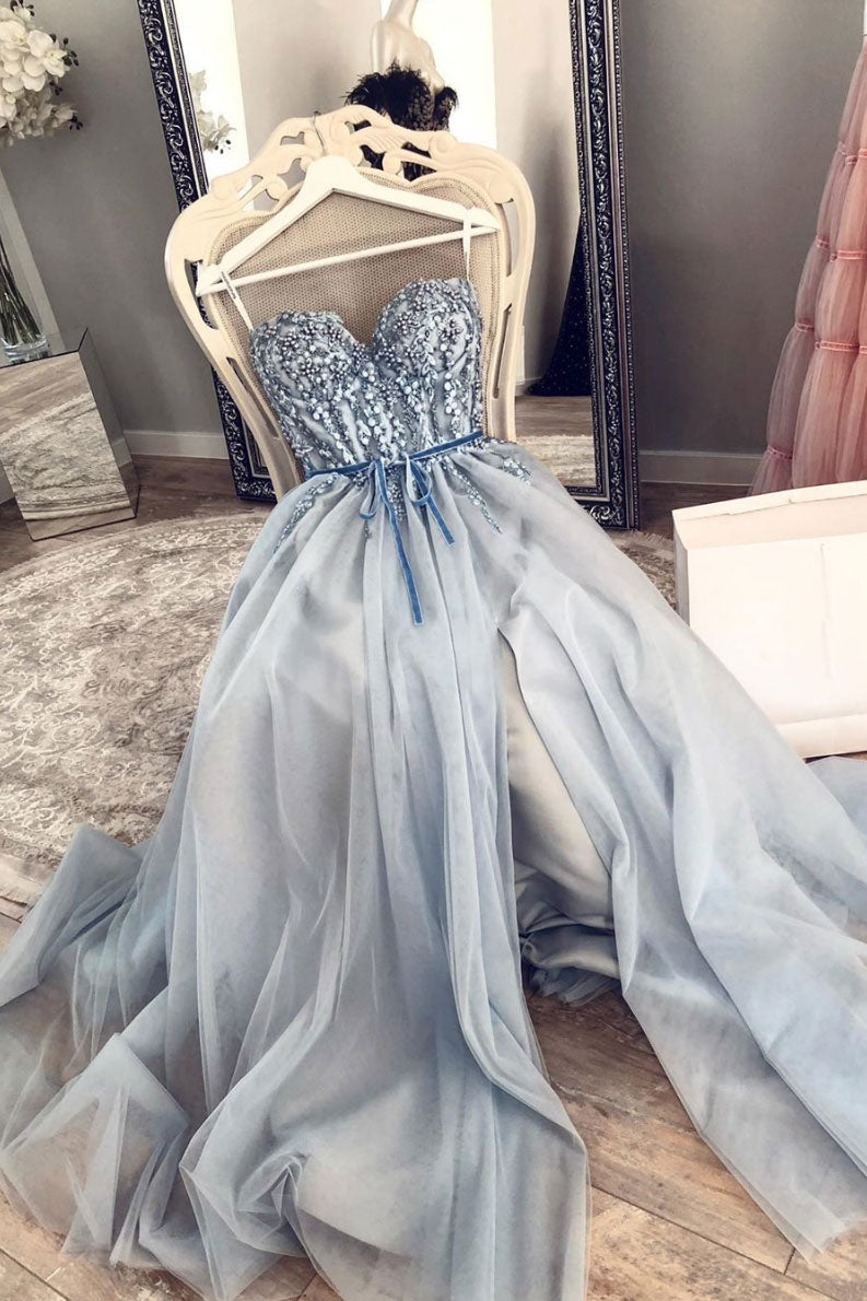Blue sweetheart tulle lace long prom dress, lace evening dress