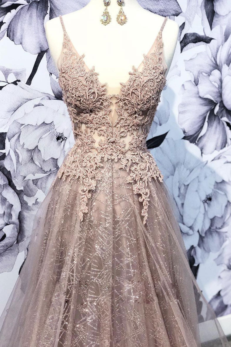 Champagne v neck tulle lace long prom dress, champagne tulle evening d dresstby Champagne v neck tulle lace long prom dress, champagne tulle evening d dresstby