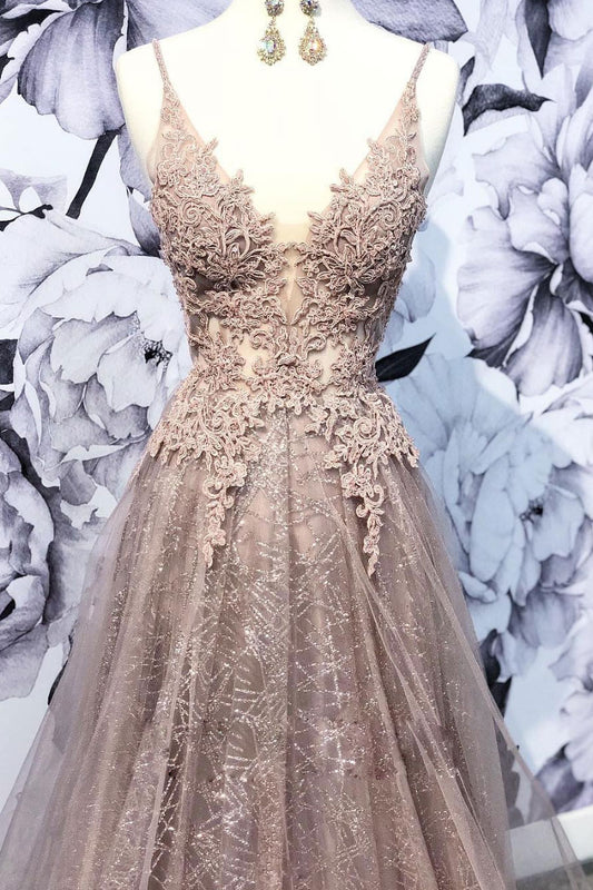 Champagne v neck tulle lace long prom dress, champagne tulle evening dress