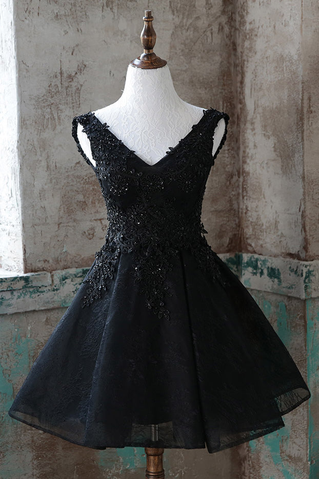 Black v neck tulle lace short prom dress black homecoming dress
