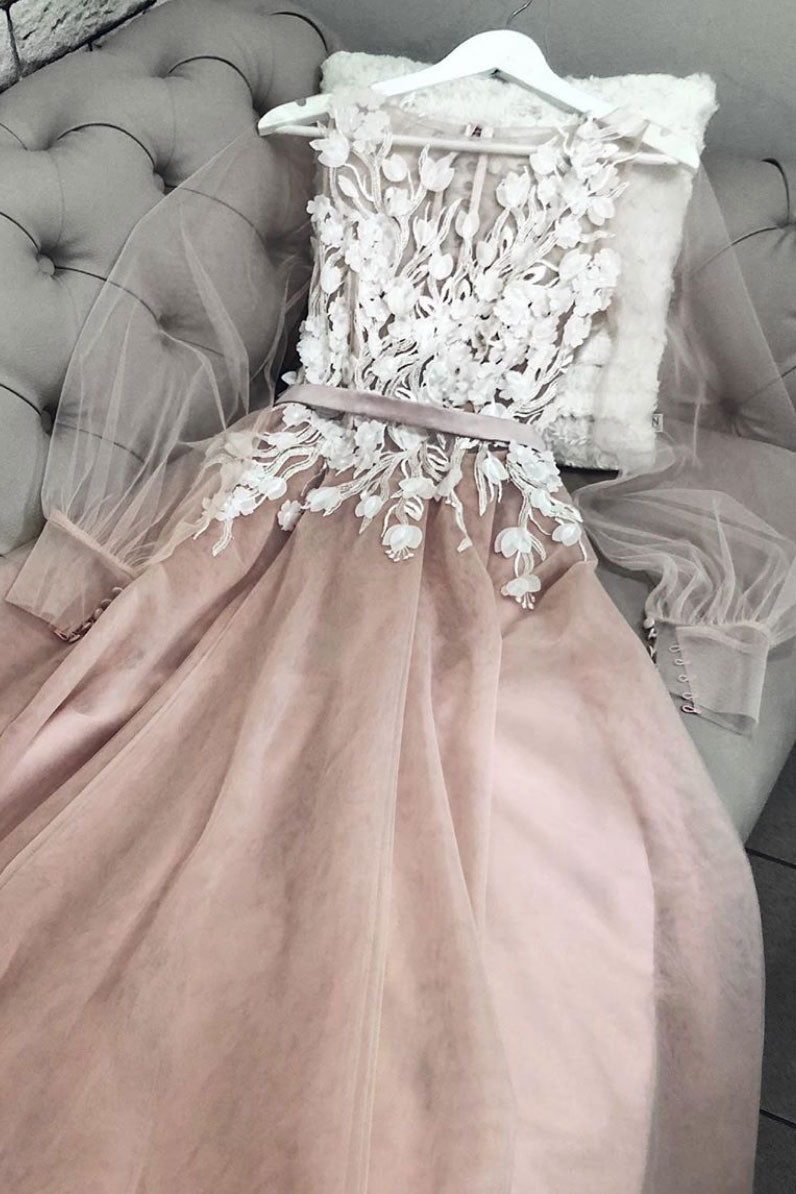 champagne tulle lace long prom dress, champagne tulle formal dress