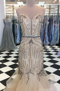 Champagne tulle sequin beads long prom dress, champagne evening dress